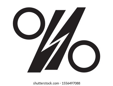 Lightning crossed percent sign, flat black and white vector illustration.