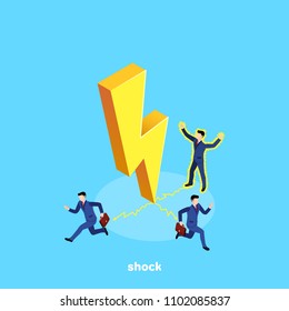 lightning and current discharge hits people in a business suit, an isometric image