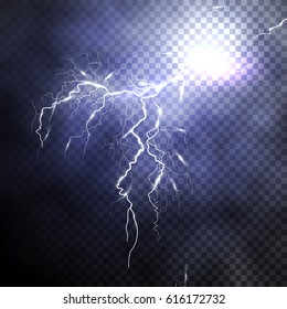 Lightning discharge in the expressive night sky with cloudiness. Thunderstorm, tempest, bad weather. Isolated object on a transparent background. Realistic vector illustration of EPS10.