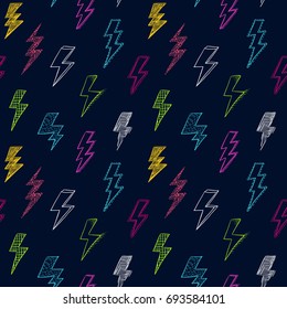 Lightning doodle pattern. Thunder or storm symbol. 80th, 90th style sketch. Scribble retro background. Scrawl vector. Modern fabric design.