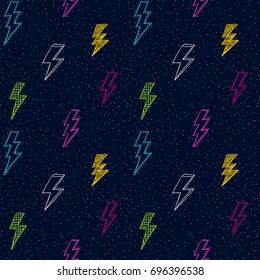 Lightning doodle pattern. Thunder or storm symbol. 80th, 90th style sketch. Scribble retro background. Scrawl vector. Modern fabric design.