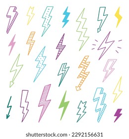 Lightning doodle set. Thunder in sketch style. Hand drawn vector illustration isolated on white background