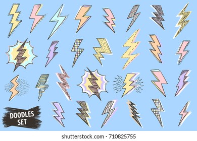 Lightning doodle set. Thunder or storm symbol. 80th, 90th style sketch. Scribble retro collection. Scrawl vector. Lightning simple illustrations isolated on white.