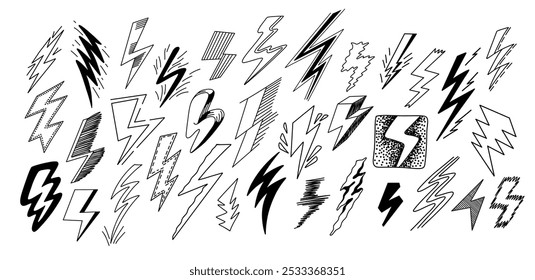 Boceto del doodle del rayo. Iconos eléctricos de la huelga del perno dibujado a mano retro y del destello del trueno. Lindo garabato aterrador tormenta eléctrica Clima signos Vector conjunto.