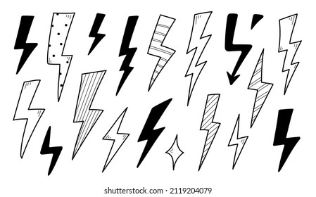 Tornillo relámpago para garabatos. Estilo de esbozo de doodle dibujado a mano. Icono de tornillo de energía eléctrica de flash. Ilustración vectorial.