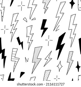 Lightning doodle thunderbolt seamless pattern. Hand drawn doodle sketch style. Electric flash energy bolt background. Vector illustration.