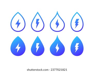 Lightning in a drop of water icons. Flat, blue, lightning in a glass of water, lightning icons. Vector icons