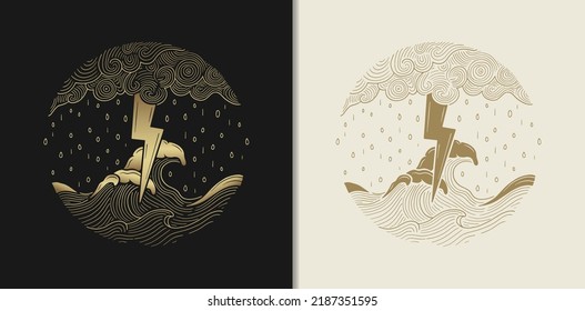 Lightning during a rainstorm in the midst of big waves. Vector illustration in engraving, hand drawn, luxury, esoteric, fit for spiritualist, religious, paranormal, tarot reader, astrologer or tattoo