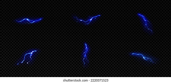 Efecto luminoso pequeña tormenta azul golpea. Impacto vectorial 3d realista, crack, energía mágica flash. Fuga eléctrica potente, pernos durante la tormenta nocturna aislados sobre fondo negro