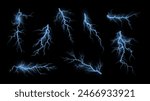 Lightning effect. Electric blue thunder rays, electric strike. Vector set