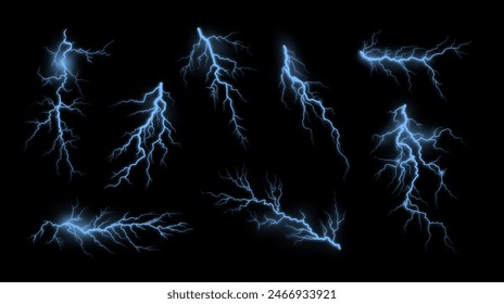 Lightning effect. Electric blue thunder rays, electric strike. Vector set