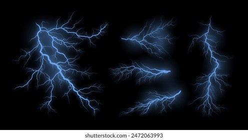 Lightning effect. Electric blue thunder rays, electric strike. Vector set	
