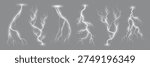 Lightning effect of flash strike or thunder bolt and thunderstorm electric spark, realistic vector. Electric charge of thunder lightning and thunderbolt, energy flash sparks on transparent background