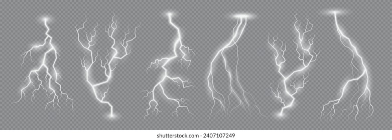 Blitzeffekt von Blitzschlag oder Donner-Blitz und Gewitter elektrischen Funken, realistische Vektorgrafik. Elektrische Ladung von Donner-Blitz und Donnerbolzen, Energieblitzleuchten auf transparentem Hintergrund