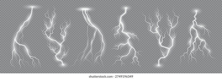 Efecto de relámpago de destello o rayo y chispa eléctrica de tormenta, Vector realista. Recargo eléctrico del relámpago del trueno y del rayo, destellos de la energía chispas en fondo transparente