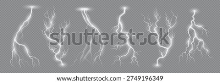 Lightning effect of flash strike or thunder bolt and thunderstorm electric spark, realistic vector. Electric charge of thunder lightning and thunderbolt, energy flash sparks on transparent background