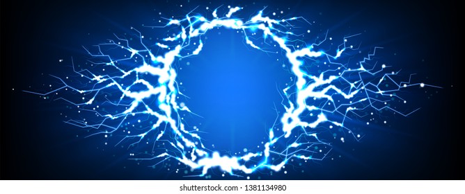 Lightning effect isolated on dark blue background. Vector illustration with bright thunderstorms and shyning lightnings.