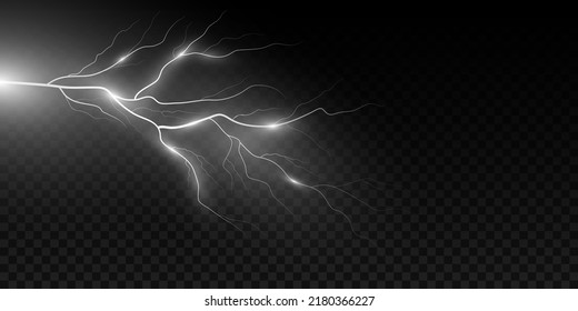 Lightning effect isolated on dark transparent background. Thunderbolt with light effect. Thunderstorm for design your cover or banner. Vector