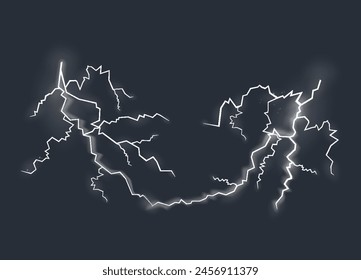 Lightning effect, natural strength symbol. Zipper, thunderstorm rays and lighting, electric power charge. Vector isolated on dark background