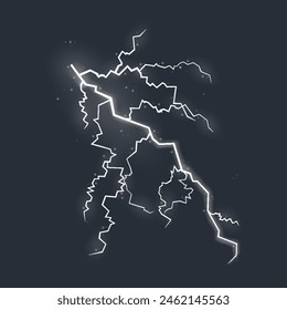 Lightning effect, natural strength symbol. Zipper, thunderstorm rays and lighting, electric power charge. Vector isolated on dark background