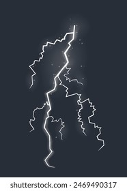 Lightning effect, natural strength symbol. Zipper, thunderstorm rays and lighting, electric power charge. Vector isolated on dark background