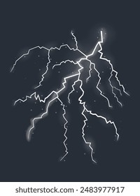 Lightning effect, natural strength symbol. Zipper, thunderstorm rays and lighting, electric power charge. Vector isolated on dark background