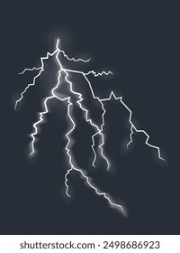 Lightning effect, natural strength symbol. Zipper, thunderstorm rays and lighting, electric power charge. Vector isolated on dark background