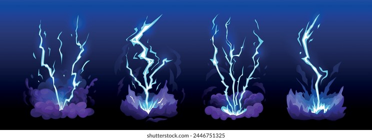 Efecto relámpago. Chispas de luz de trueno golpean, golpean, atacan destellos de energía eléctrica. Juego de dibujos animados efecto aislado. Choque en tierra, tormenta, animación de rayo, tormenta de energía. Vector ordenado conjunto aislado