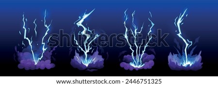 Lightning effect. Thunder light sparks hit, strike, attack electric energy flash. Game cartoon isolated effect. Ground shock, thunderstorm, thunderbolt animation, power storm. Vector tidy isolated set