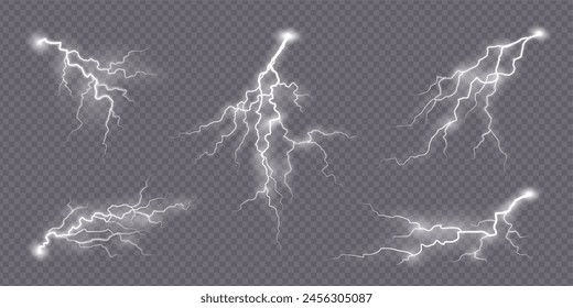 Lightning effect. Thunderstorm electric spark, flash strike, thunder bolt effect. Set of realistic 3d zippers, storm or shock, natural powerful light charges. Abstract electricity and explosion glow