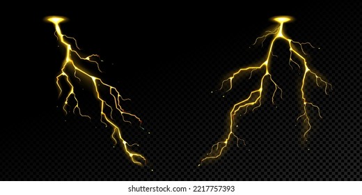 Lightning effect, thunderstorm, gold or yellow electric thunderbolt storm strikes. Isolated powerful electrical discharge, bolt, impact, crack, magical energy flash, Realistic 3d vector illustration