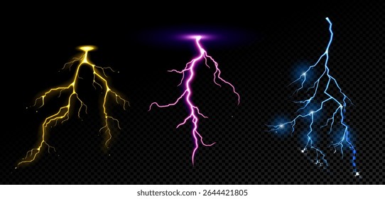 Efeito relâmpago, trovoada, tempestade elétrica amarela ou dourada. Isolado descarga elétrica poderosa, parafuso, impacto, rachadura, flash de energia mágica, ilustração vetorial 3d realista