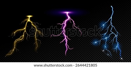 Lightning effect, thunderstorm, gold or yellow electric thunderbolt storm strikes. Isolated powerful electrical discharge, bolt, impact, crack, magical energy flash, Realistic 3d vector illustration