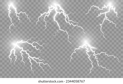 Blitzwirkung von Gewitter, Donner-Blitz, elektrischer Funke oder Blitzschlag, realistische Vektorgrafik. Elektrische Ladung von Donner-Blitz-, Lichtenergie- oder Donblitz-Blitzfunken für FX-animierte Wirkung