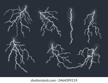 Lightning effects, natural strength symbols. Set of zippers, thunderstorm rays and lighting, electric power charge. Vector isolated on dark background