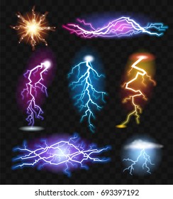 Lightning Effects - realistic modern vector set of different light elements. Black background. High quality clip art of different bright natural electricity phenomenon