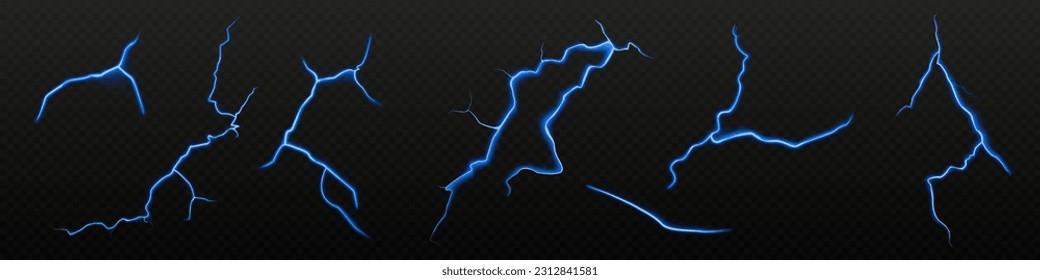 Lightning electric effect, light thunder vector isolated on transparent background. 3d thunderbolt shock power element set. Magic discharge or neon ground crack. Laser strike texture illustration