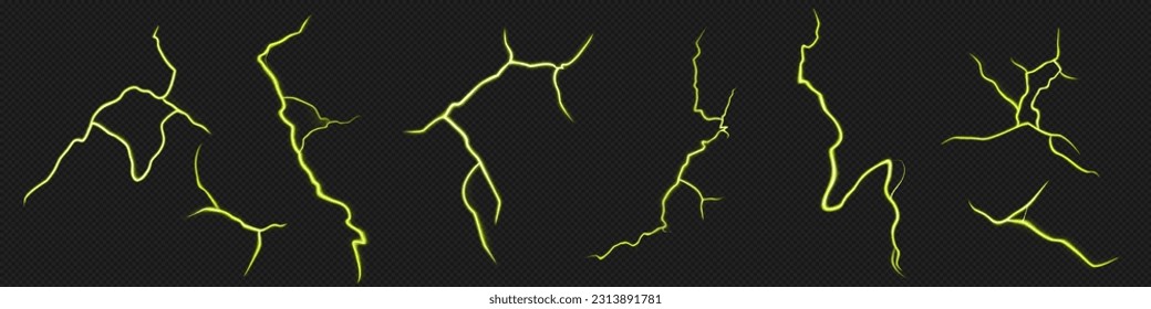 Lightning electric effect, light thunder vector isolated on transparent background. 3d thunderbolt shock power element set. Magic discharge or neon ground crack. Laser strike texture illustration