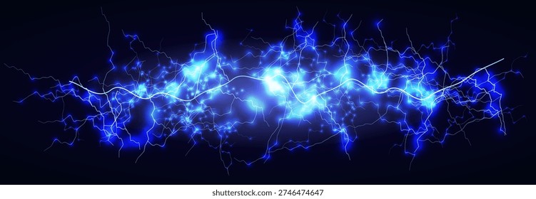 Lightning Electric Energy Plasma Neon Blue Voltage Current Spark Glow Surge Power Cyber Network Circuit Data Technology Abstract Background Pulse Wave Storm Vector Illustration.