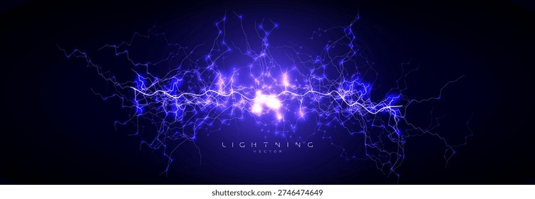 Lightning Electric Energy Plasma Neon Blue Voltage Current Spark Glow Surge Power Charge Arc Cyber Network Digital Circuit Data Pulse. Vector Illustration.