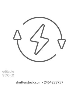 Lightning electric icon. Simple outline style. Bolt with recycling rotation arrow sign, circle, capacity, renewable energy concept. Thin line symbol. Vector illustration isolated. Editable stroke.