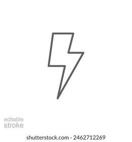 Relámpago, icono de energía eléctrica. Estilo de contorno simple. Electricidad de trueno, flash bolt, velocidad, thunderbolt, blitz, concepto de energía. Símbolo de línea fina. Ilustración vectorial aislada. Trazo editable.