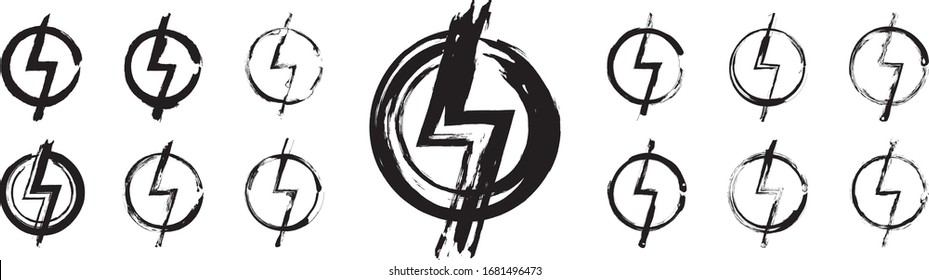 Lightning, electric power vector logo design element. Ink hand drawn energy and thunder electricity symbol. Lightning bolt sign in the circle. Power logotype