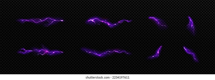 Lightning, electric purple thunderbolt strikes. Impact, crack, magical energy flash. Powerful electrical discharge, Realistic 3d vector bolts during night storm isolated set on transparent background