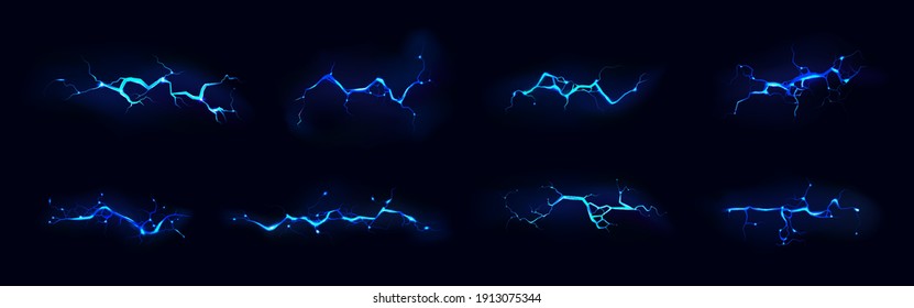 Lightning, electric thunderbolt strike of blue color during night storm, impact, crack, magical energy flash. Powerful electrical discharge, Realistic 3d vector bolts set isolated on black background