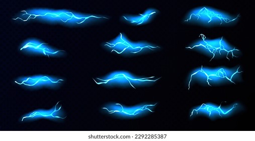 Rayo, paro de rayo eléctrico de color azul durante la tormenta nocturna, impacto, crack, energía mágica flash. Ilustración de vectores, bengala aislada de los tornillos de centraje en el fondo negro. Neon burst