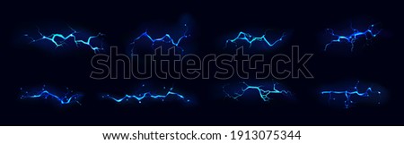 Lightning, electric thunderbolt strike of blue color during night storm, impact, crack, magical energy flash. Powerful electrical discharge, Realistic 3d vector bolts set isolated on black background