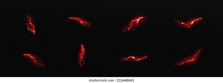 Rayo, golpe de perno eléctrico, impacto rojo, grieta, energía mágica flash. Poderosa descarga eléctrica durante la tormenta nocturna, aislada en fondo transparente, tornillos vectores 3d realistas fijados