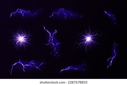 Blitz, elektrischer Donnerschlag, roter Aufprall, Riss, magischer Energieblitz. Nachtgewitterrochen, elektrische Ladung und Donnerstreik, einzelne Vektorgrafik-Set