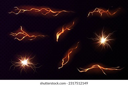 Lightning, electric thunderbolt strike, red impact, crack, magical energy flash. Night thunderstorm rays, electric power charge and thunder strike isolated vector set